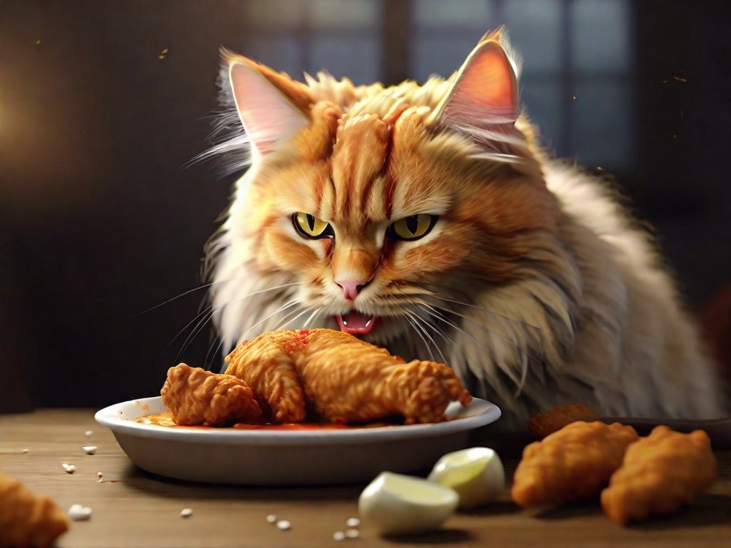 Gato comendo frango frito