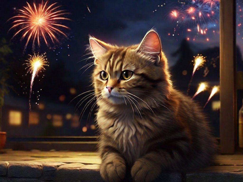 gato vendo fogos de artifício
