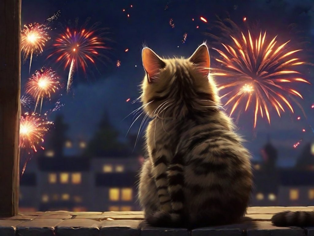 gato vendo fogos de artifício
