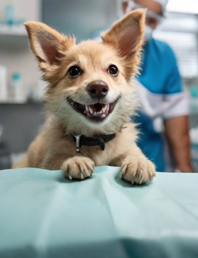 cachorro no veterinario mostrando o dente