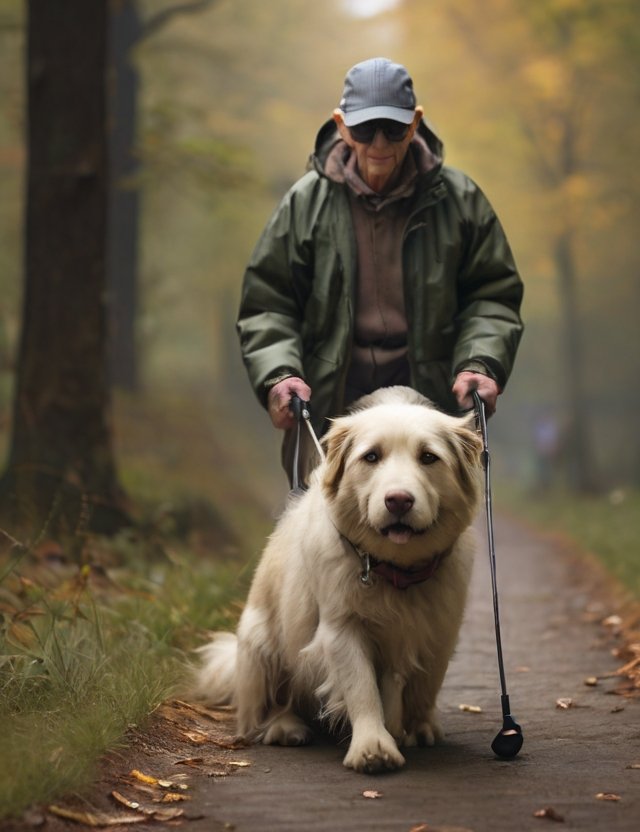 cachorro andando com uma pessoa cega