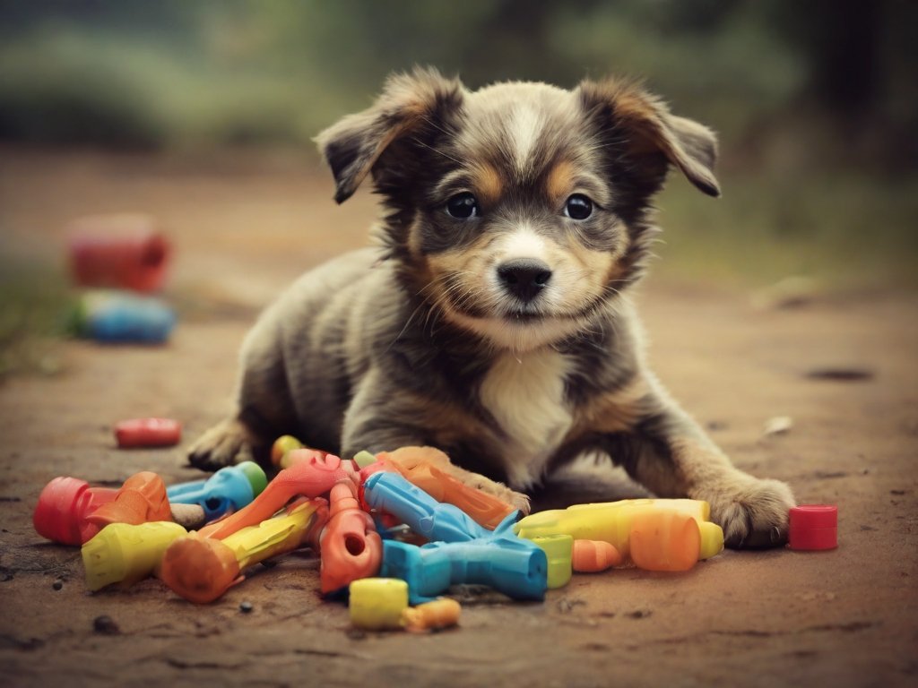 cachorro brincando com brinquedos