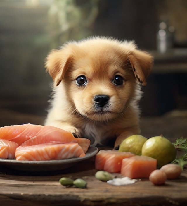 cachorro comendo salmão

