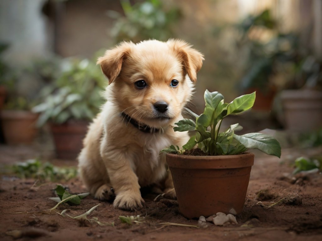 cachorro comendo uma planta