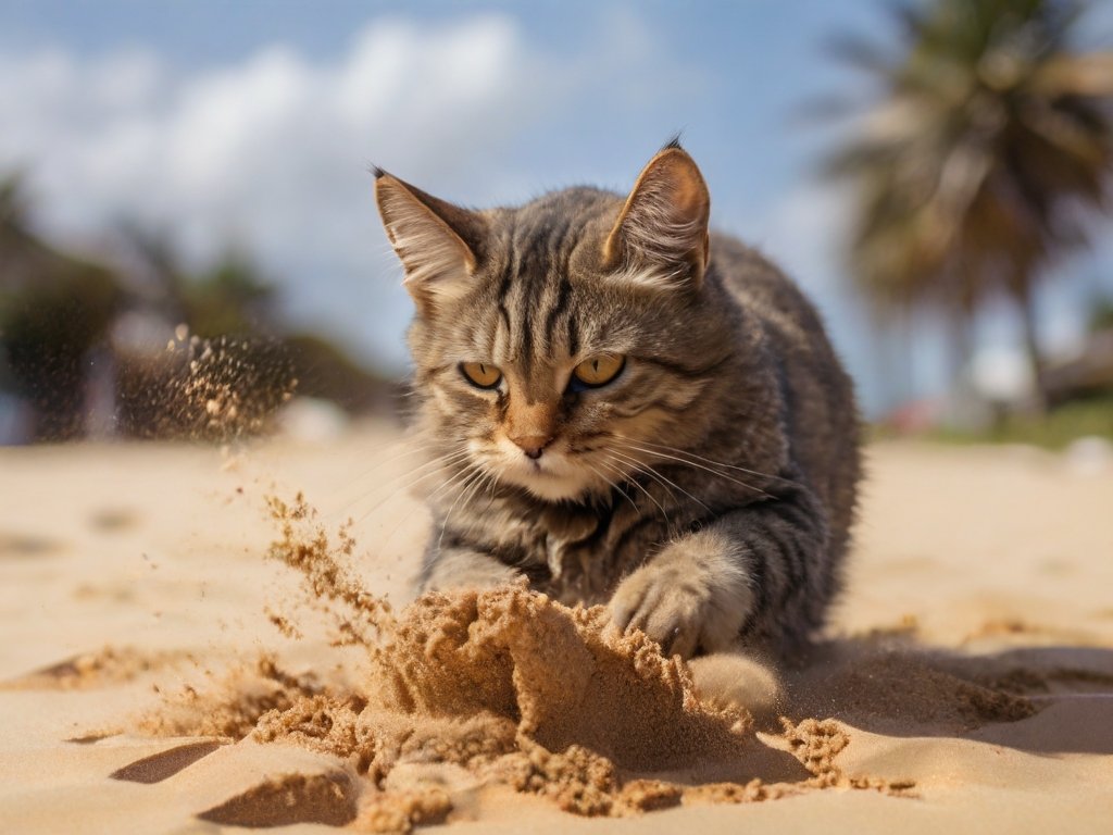 gato brincando na areia