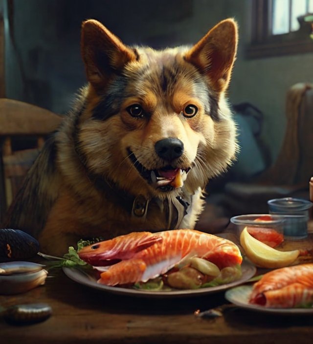 cachorro comendo peixe