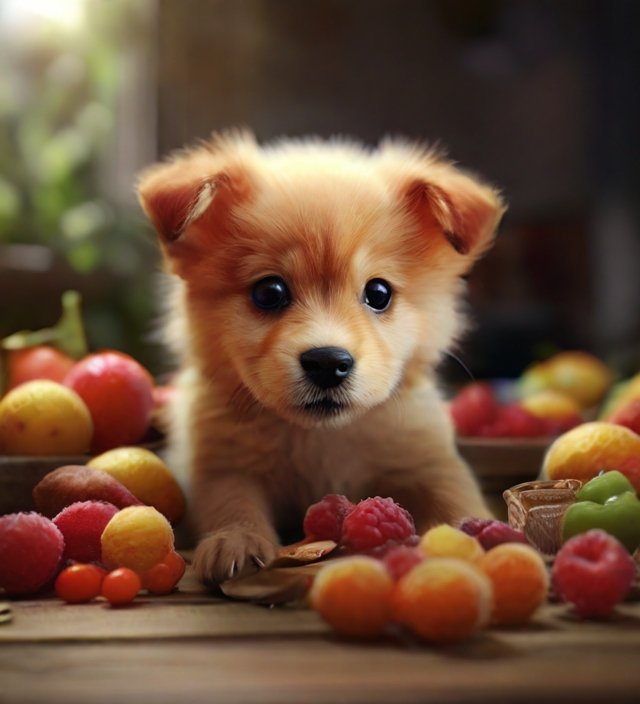 cachorro filhote comendo frutas