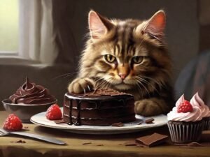 gato comendo bolo de chocolate