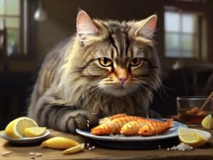 cat eating fried fish