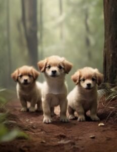 cachorros andando na floresta