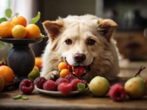 cachorro comendo frutas