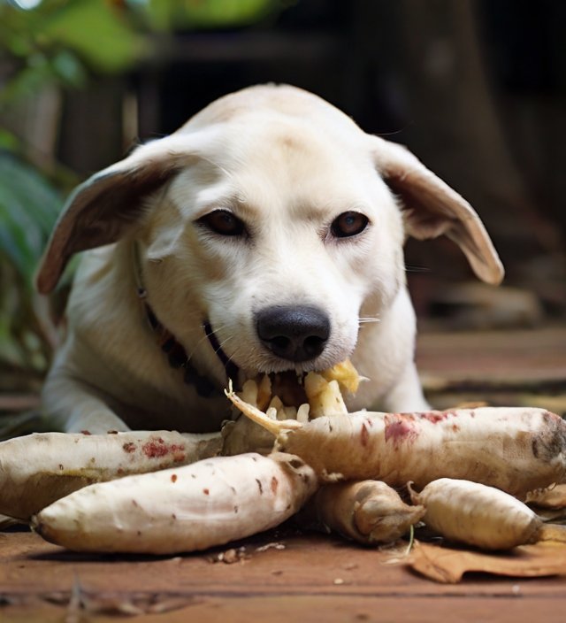 cachorro comendo macaxeira