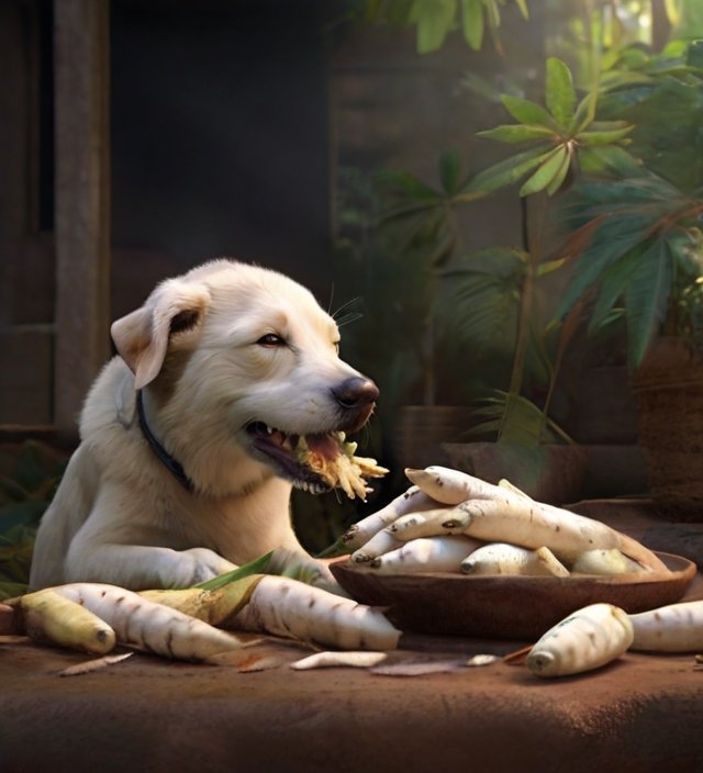cachorro comendo mandioca