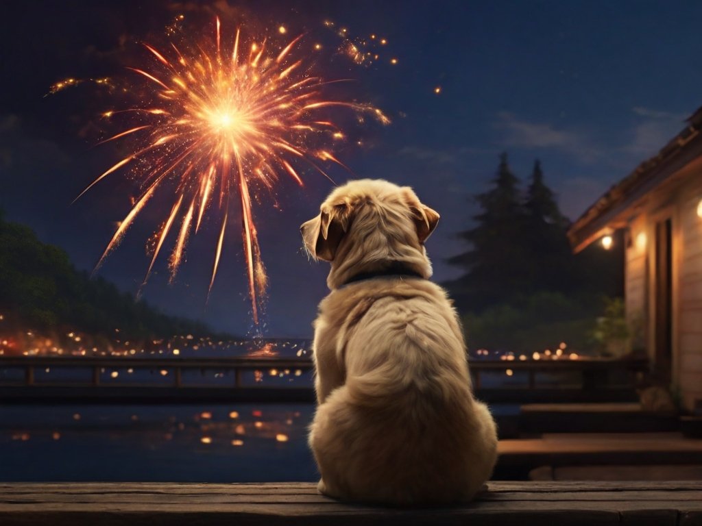 cachorro vendo fogos de artificio
