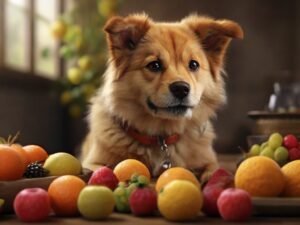 cachorro comendo frutas