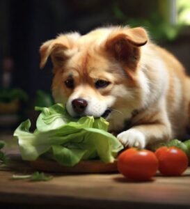 cachorro comendo alface e tomate